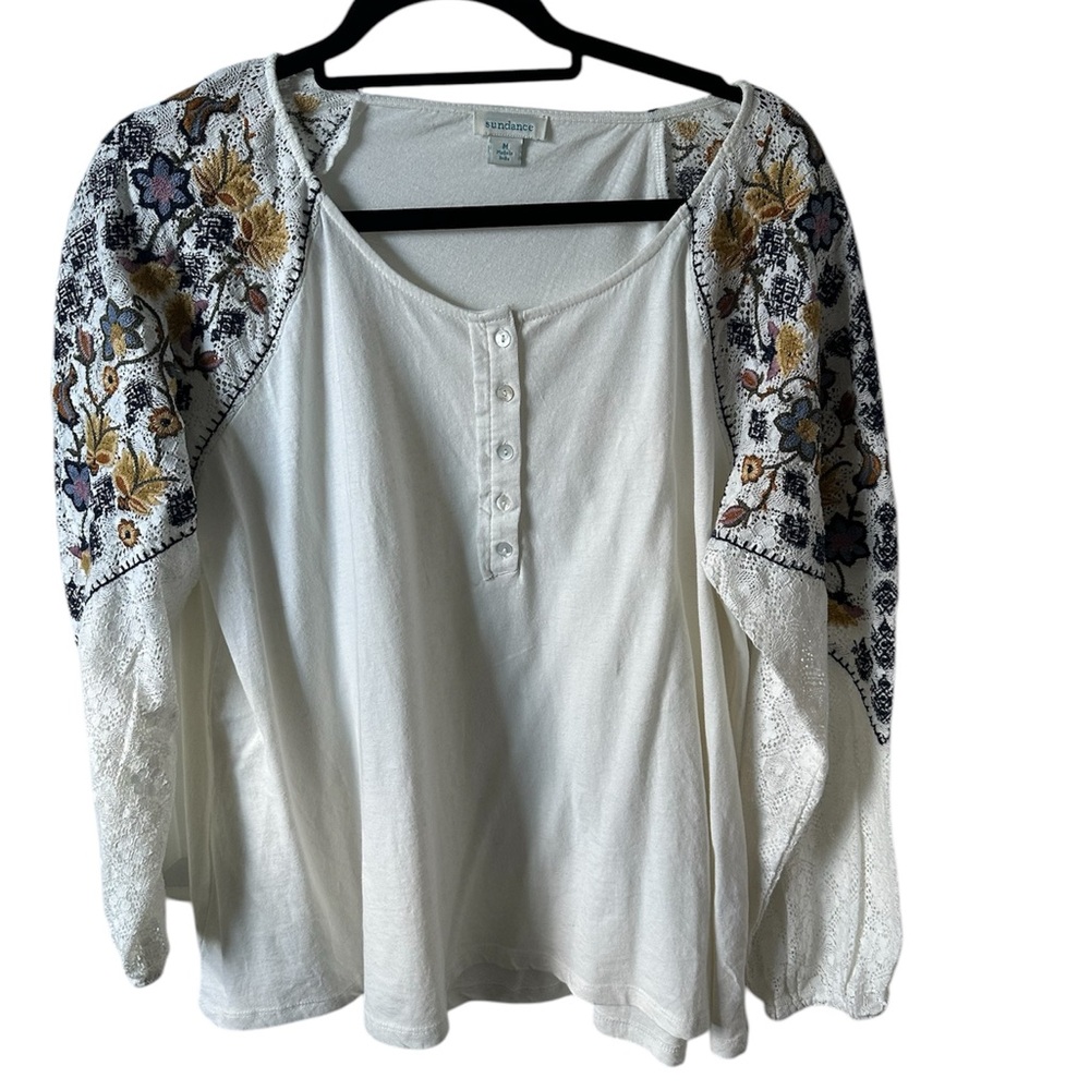 Sundance Off White Floral Embroidered Top Sz M